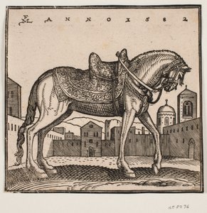 Elegantes gesatteltes Pferd, Profil nach rechts, auf einem rechteckigen Platz von Melchior Lorck