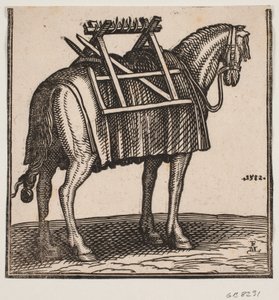 Ein noch ungeladenes Packpferd mit Tragegestell auf dem Rücken, schräg von hinten nach rechts gesehen. von Melchior Lorck