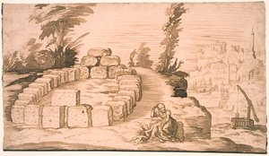 Landschaft mit einem Steinkreis und einer alten Frau mit einem Kind von Melchior Lorck