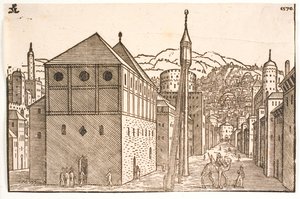 Moschee mit freistehendem Minarett mit Außentreppe von Melchior Lorck