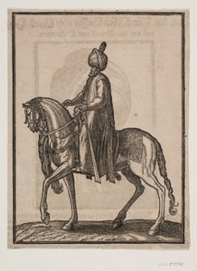 Berittener älterer Mann, mit Keule an seiner Seite, Profil nach links; unter dem Hals des Pferdes hängt ein Pferdeschwanz oder Ochsen Schwanz als Zeichen des würdevollen Status des Mannes