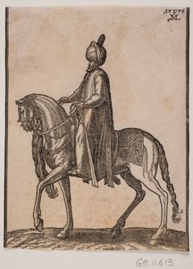 Berittener älterer Mann, mit Keule an seiner Seite, Profil nach links; unter dem Hals des Pferdes hängt ein Pferdeschwanz oder Ochsenhaar als Zeichen des würdevollen Status des Mannes