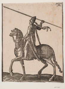 Berittener Soldat, Profil nach links; in seiner Hand hält er einen langen Speer, als ob er ihn werfen würde von Melchior Lorck
