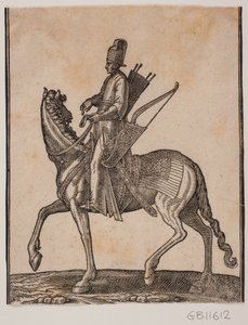 Berittener Soldat, Profil nach rechts; er trägt sein Schwert und seinen Bogen auf der linken Seite und den Köcher auf der rechten Seite von Melchior Lorck