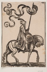 Berittener Fahnenträger, Profil nach rechts; die Standarte ist zweischwänzig; der Reiter ist unbewaffnet; auf dem Rücken des Pferdes vor ihm befindet sich ein wurstförmiger Sack zum Tragen von Gepäck von Melchior Lorck