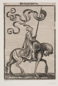 Berittener Fahnenträger, Profil nach rechts; die Standarte ist zweischwänzig; der Reiter ist unbewaffnet; auf dem Rücken des Pferdes vor ihm befindet sich ein wurstförmiger Sack zum Tragen von Gepäck von Melchior Lorck