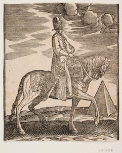 Reiter mit einer Flasche um den Hals, Profil nach rechts; ein Schwert an seiner rechten Seite und Gepäck vor ihm, über den Sattel drapiert; rechts im Hintergrund eine Pyramide von Melchior Lorck