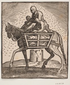 Reiter mit Kapuze über dem Gesicht; auf jeder Seite des Pferdes ein Gitterkäfig mit einer Person; Profil nach links; unter dem Pferd eine ruinierte, zylindrische Turm von Melchior Lorck