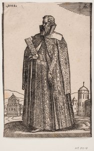 Stehender Botschafter in europäischer (venezianischer?) Tracht, 3/4 Profil nach links; in der rechten Hand hält er ein Briefetui