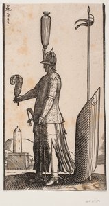 Stehender Soldat mit Helm, Profil nach links, eine Feder in seiner ausgestreckten Hand haltend; hinter ihm lehnt ein mondgeschmückter Schild an einer in den Boden gesteckten Lanze von Melchior Lorck