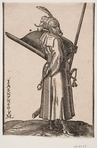 Stehender Soldat (akinci), Profil nach rechts; in der rechten Hand eine Keule, in der linken Hand eine Lanze, deren Spitze außerhalb der oberen Rahmenlinie ist; auf dem linken Arm ein Schild mit der Innenseite nach oben, an der linken Seite ein Schwert von Melchior Lorck