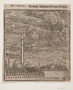 Die Süleymaniye-Moschee, von Nordosten gesehen. Rechte Hälfte von Melchior Lorck
