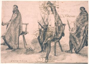 Drei sitzende Männer, jeder hält eine Kerze in der Hand von Melchior Lorck