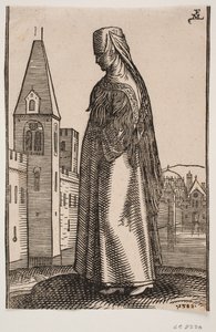 Verschleierte, gehende Frau, Profil nach links; vor ihr erhebt sich eine Stadtmauer mit Türmen aus dem Wasser von Melchior Lorck