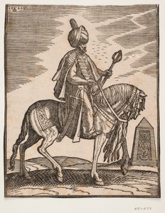 Reiter mit Turban, Schwert an der rechten Seite und Keule in der linken Hand, Profil nach rechts; im Hintergrund ein Obelisk