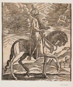 Reiter mit Turban, mit einem Schwert an seiner rechten Seite, Profil nach rechts; zwischen den Vorderbeinen des Pferdes kommen zwei Pyramiden in Sicht von Melchior Lorck