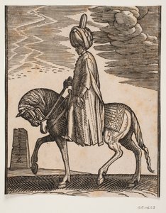 Unbewaffneter Reiter mit Turban, Profil nach links; vor dem Pferd ein zerstörter Obelisk von Melchior Lorck