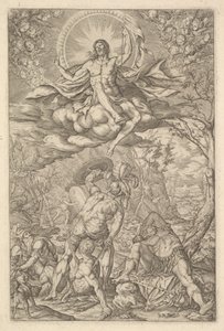 Auferstehung Christi, umgeben von einer Aureole und Wolken mit Reihen von geflügelten Putti, 1577 von Melchior Meier