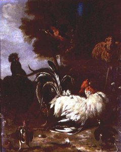 Hahn und anderes Geflügel in einer bewaldeten Landschaft von Melchior de (follower of) Hondecoeter