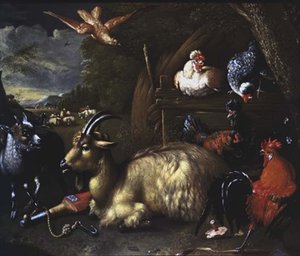 Ziege mit anderen Tieren und Vögeln in einer Landschaft