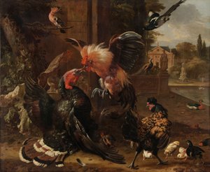 Ein Hahn und ein Truthahn im Kampf, um 1680