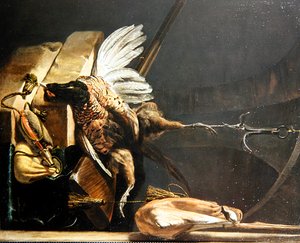 Stillleben eines toten Fasans, der an einem Haken hängt von Melchior de Hondecoeter