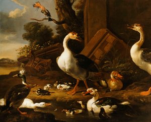 Chinesische und ägyptische Gänse und andere Vögel in einer Landschaft mit Ruinen in der Nähe