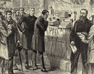 Eröffnung der anglo-englischen Telefonleitung. Das erste Telefongespräch von London nach Paris im General Post Office, London. Bell-Instrumente wurden am Londoner Ende verwendet. Holzstich Paris 28. März 1891. Gravur. von Melton (after) Prior