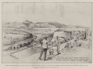 Seaforth Highlanders und die 23. Royal Welsh Fusiliers beobachten die Kämpfe zwischen Bashi-Bazouks und Christen außerhalb von Candia von Melton Prior