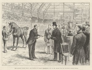 Die Londoner Pferdeschau, der Prinz von Wales überreicht Mr. Moore den Pokal für sein Hackney-Pferd Rufus