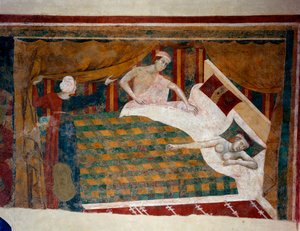 Szene des ehelichen Lebens im Mittelalter. Ein Mann gesellt sich zu seiner nackten Frau im Bett. (Detail) von Memmo di Filippuccio