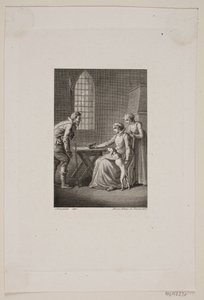 Illustration mit einem Wächter vor einer sitzenden und einer stehenden Frau