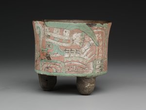 Zylindrisches Dreibeingefäß mit zwei Figuren mit Schutzbrillen, ca. 400-650 n. Chr. von Mesoamerican Mesoamerican
