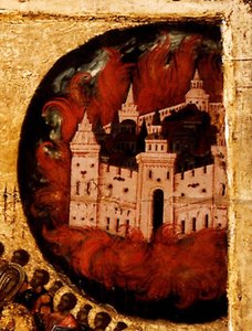 Gesegnet sei das Heer des Himmelskönigs (Detail): Feuer in Kasan, 1550er