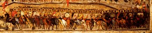 Gesegnet sei das Heer des Königs des Himmels (Detail): untere Kriegerreihe geführt von Alexander Newski und Sankt Georg, 1550er Jahre von Metropolitan of Moscow Athanasius