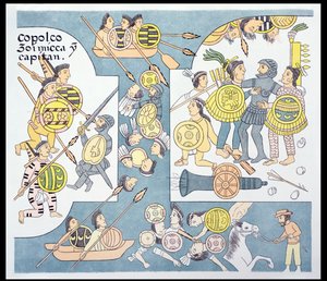 Endschlacht zwischen Hernando Cortes (1485-1547) und Cuauhtemoc in Tenochtitlan, August 1521, Illustration aus einer Faksimile einer mexikanischen indianischen Bildgeschichte Lienzo de Tlaxcala von ca. 1550, 1892 von Mexican School
