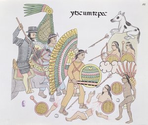 Hernando Cortes (1485-1547), unter Belagerung in Tenochtitlan, beschließt die Stadt zu verlassen, Illustration aus einer Faksimile einer mexikanischen indianischen Bildgeschichte Lienzo de Tlaxcala von ca. 1550, 1892 von Mexican School
