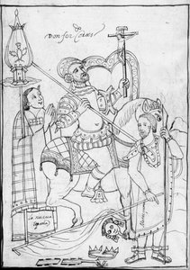 MS Hunter 242 f.246v, Cortes zu Pferd, stehend über dem besiegten Aztekenkönig Moctezuma, Illustration aus der Historia de Tlaxcala von Diego Munoz Camargo von Mexican School