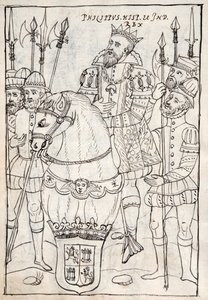 MS Hunter 242 f.249v Philipp II. zu Pferd, trägt den Orden vom Goldenen Vlies, umgeben von Bewaffneten, Illustration aus der Historia de Tlaxcala von Diego Muñoz Camargo von Mexican School