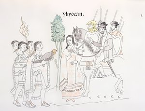 Treffen von Hernando Cortes (1485-1547) und den Azteken, Illustration aus einer Faksimile einer mexikanischen indianischen Bildgeschichte Lienzo de Tlaxcala von ca. 1550, 1892 von Mexican School