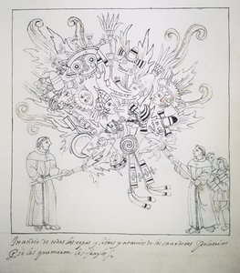 Franziskanermönche verbrennen traditionelle Bücher und Kleidung, aus Historia de Tlaxcala von Diego Muñoz Camargo