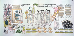 Der Tlaxcalan-Häuptling Maxixcatzin überreicht Hernando Cortes (1485-1547) einen Blumenstrauß und andere Geschenke als Willkommenszeichen, Illustration aus einer Faksimile einer mexikanischen indianischen Bildgeschichte