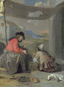 Zwei sitzende Figuren mit einem Hund