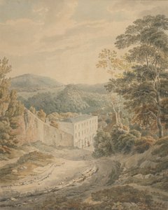 Landschaft, Blick bergab zu einem Dorf, dominiert von einem großen dreistöckigen Steinhaus von Michael Angelo Rooker