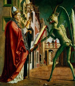 Der Teufel präsentiert St. Augustin das Buch der Laster, ca. 1455-1498 von Michael Pacher