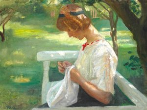 Ella Saxild näht im Garten an einem Sommertag von Michael Peter Ancher