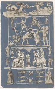 Collage von ausgeschnittenen Drucken auf blauem Papier