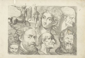 Studienblatt mit Zeichenbeispielen: Zentaur, stehende Figur und Köpfe von Michael Snijders