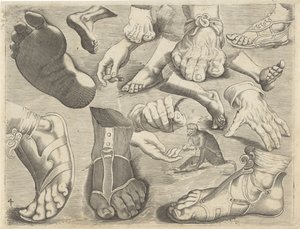 Studienblatt mit Zeichenbeispielen: Hände, Füße und ein Äffchen (Serie)