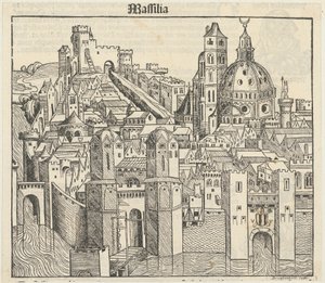 Phantasieansicht der Stadt Marseille [recto], drei Porträts (Phereades, Pythagoras und Sappho) [verso] von Michael Wolgemut